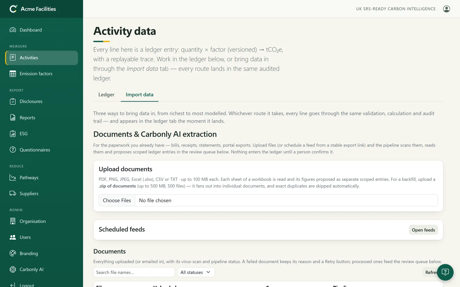Import data tab: document upload with Carbonly AI extraction and a human review queue